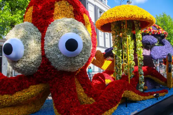 Enorm blommaffär med en gigantisk bläckfisk och en manet, som påminner om Amsterdam tulpaner. En färgsprakande parad.