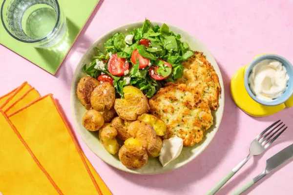 En tallrik med krispiga potatisar, en fräsch sallad med tomat och fetaost, och gyllene fiskkakor. Ett perfekt sallad recept för en lätt lunch.