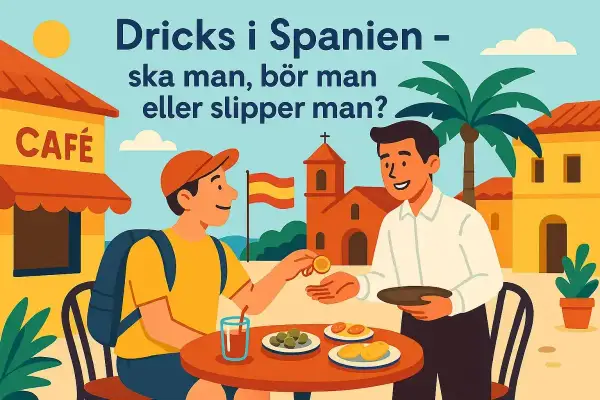 En turist ger dricks i Spanien. En servitör tar emot myntet vid ett café med spansk flagga i bakgrunden.