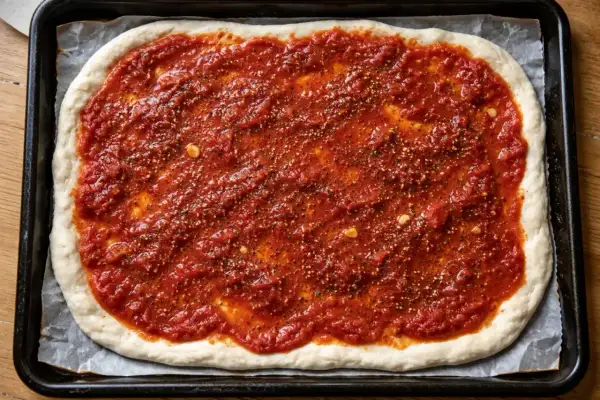 En rektangulär pizzabotten täckt med en generös mängd kryddig tomatsås och strödda kryddor, redo för ugnen.