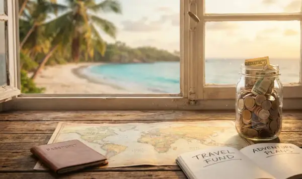 En spargris fylld med pengar, en världskarta, pass och en anteckningsbok med "Travel Fund" visar drömmen om vad kostar en jorden runt resa.