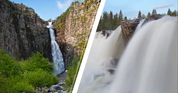 Två vackra vattenfall i Sverige. Ett högt, smalt fall nerför en klippvägg och ett bredare, kraftfullt fall över stenar.