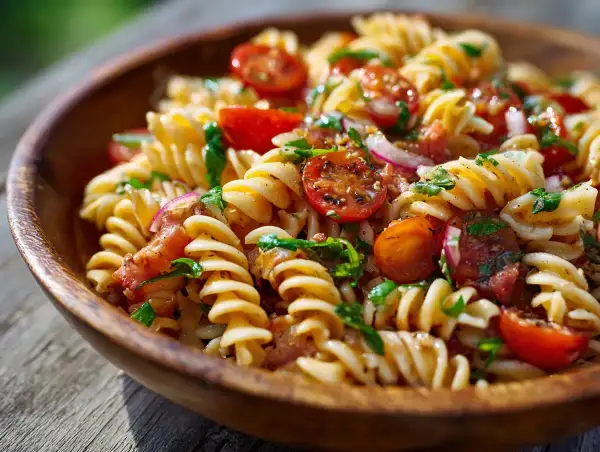 En härlig pastasallad med körsbärstomater, rödlök och örter. Ett perfekt pastasallad recept för sommaren.
