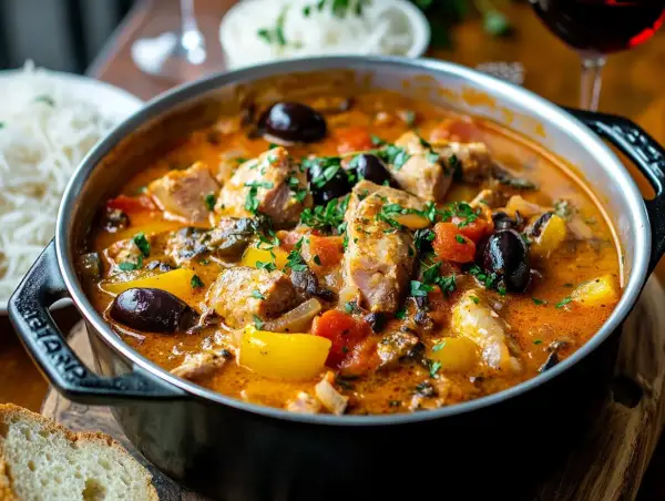 En mustig kreolsk gryta med möra köttbitar, oliver, paprika och tomater i en smakrik sås. Serveras med ris och bröd.