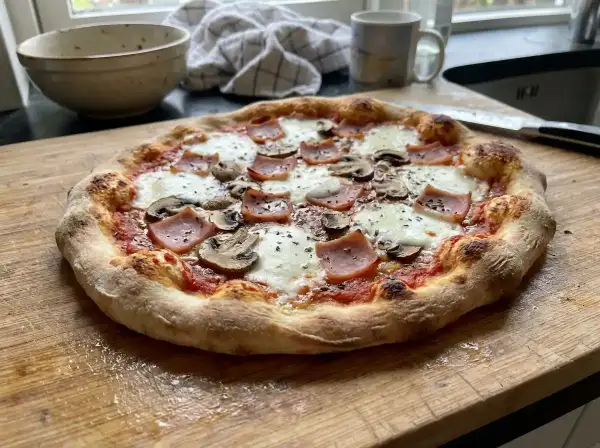 En hemgjord pizza med skinka och champinjoner, perfekt för ett mysigt hemmakväll. Ett enkelt hemgjord pizza recept att prova!