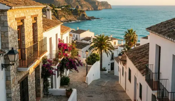En charmig gränd med vita hus och bougainvillea leder ner mot det turkosblå havet. En idyllisk vy av Spanien på vintern.