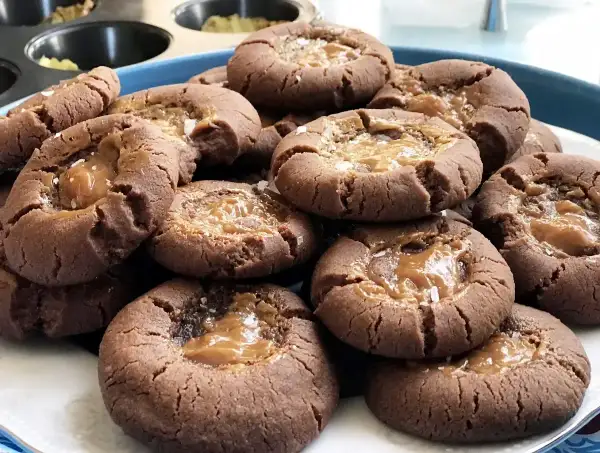 En hög med chokladkakor med salt kolafyllning. Dessa goda kakor ser oemotståndliga ut!