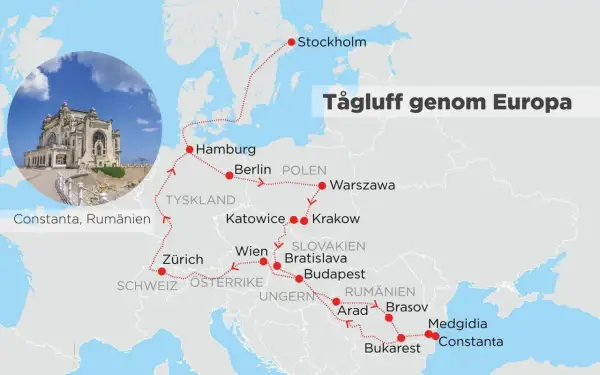 Karta som visar en rutt för att tågluffa genom Europa, med stopp i Stockholm, Hamburg, Berlin, Warszawa, Wien, Budapest, Bukarest och Constanta.