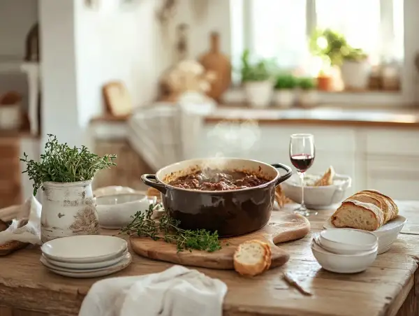 En ångande gryta med kött och grönsaker, redo att serveras med bröd och vin. Ett perfekt gryta recept för en mysig middag.