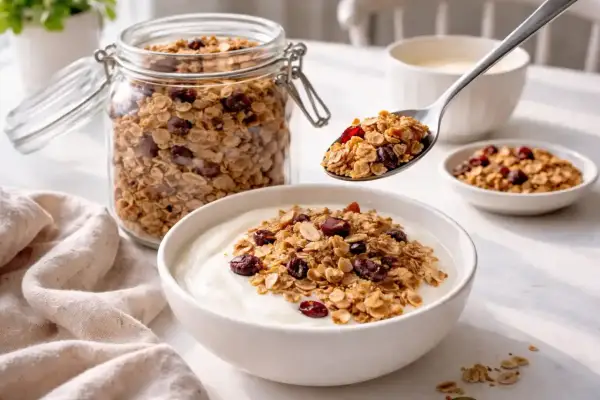 En sked med hemgjord egen granola toppar en skål med yoghurt. En burk med samma granola står bredvid.