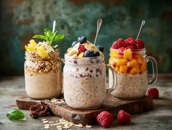 Tre burkar med overnight oats, en enkel nyttig frukost. Toppade med bär, frukt och granola.