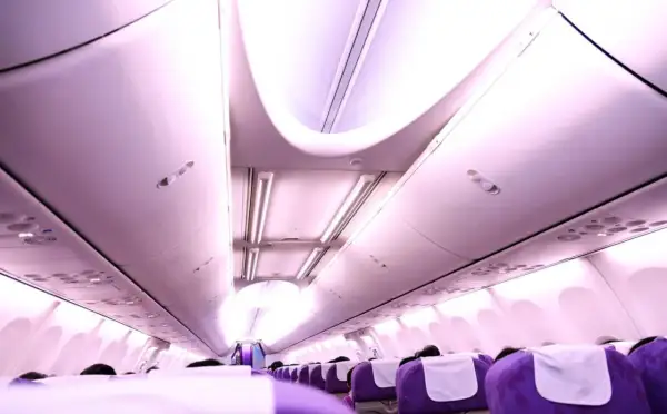 Rad av lila ving flygplan sittplatser med vita nackstöd, belysta av taklampor.